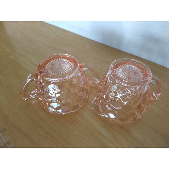PINK DEPRESSION GLASS Creamer & Sugar Bowl Set Jeanette DIAMOND CUBIST Vintage - Picture 14 of 16